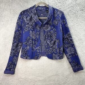 Knitted & Knotted Women's Small Blue Open Front Cardigan Floral Lace Trim EUC